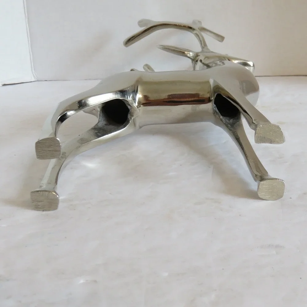 Modern Silver Polished Metal Reindeer Figurine 14 Inch Holiday Decor Stag Buck